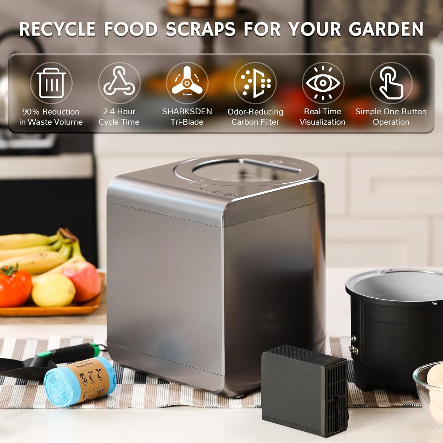 Airthereal Revive Electric Kitchen Composter with Visual Cover, Upgraded SHARKSDEN® Tri-Blade, Turn Food Waste and Scraps into Natural Fertilizer for Plants, R500-V, Grey