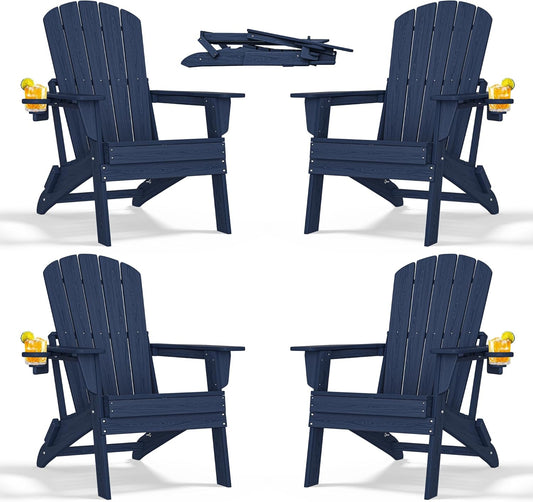 Folding Adirondack Chair - Extended Ergonomic Backrest, Cup Holder - Easy Assembly - Durable HDPE Plastic, Weather Resistant & Maintenance-Free - Lawn, Patio, Deck Supports 380lbs NavyBlue