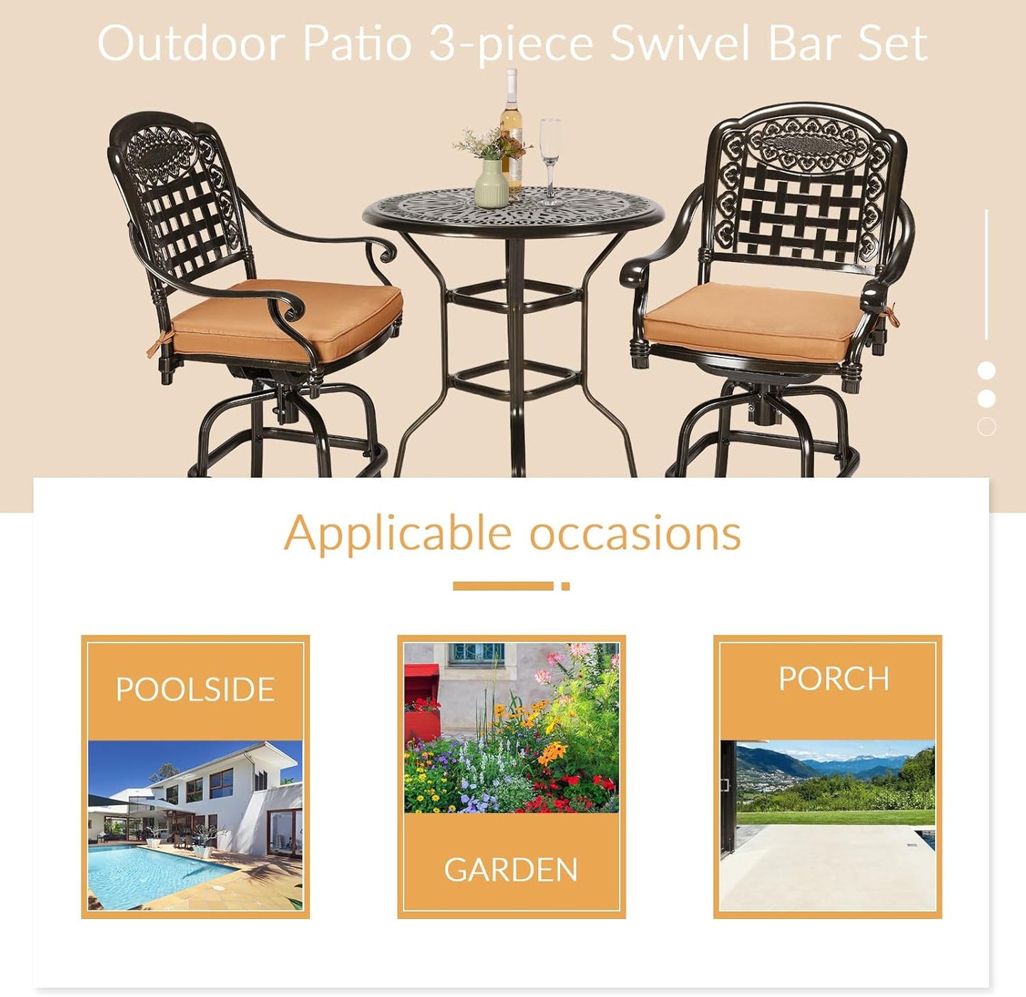 3-Piece Patio Swivel Bar Set, High Top Bar Table & Chairs, All-Weather Cast Aluminum Swivel Bar Stools (2) & 35.4" Table, Patio Bistro Set for Garden