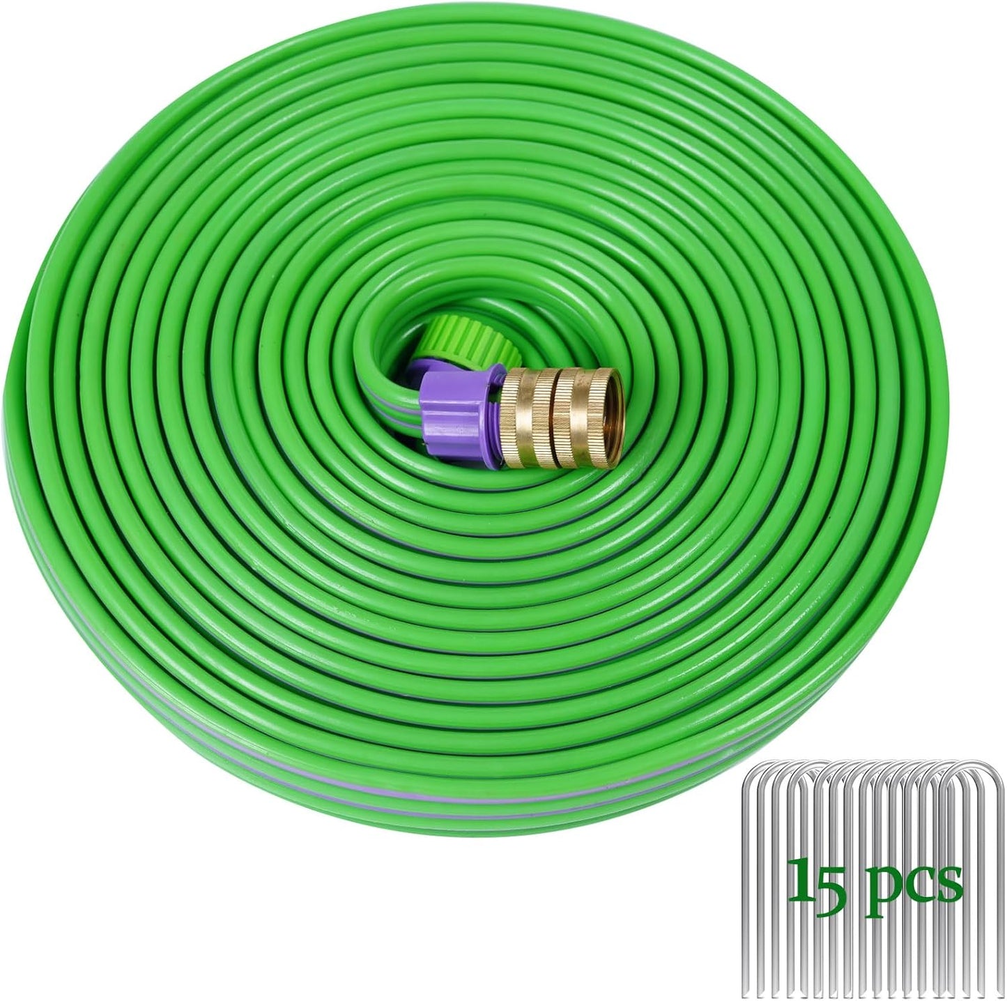 50ft Sprinkler Soaker Hose with Holes, 3-Tube Sprinkler Hose & Soaker Hose with 15 Landscape Staples, New Flexible Material