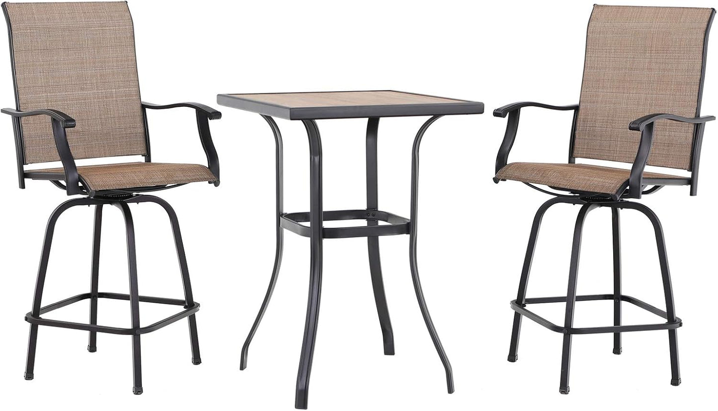 PHI VILLA 3 PCS Patio Swivel Bar Sets Textilene High Bistro Sets with 2 Outdoor Bar Stools and 1 Square Bar Table, Brown