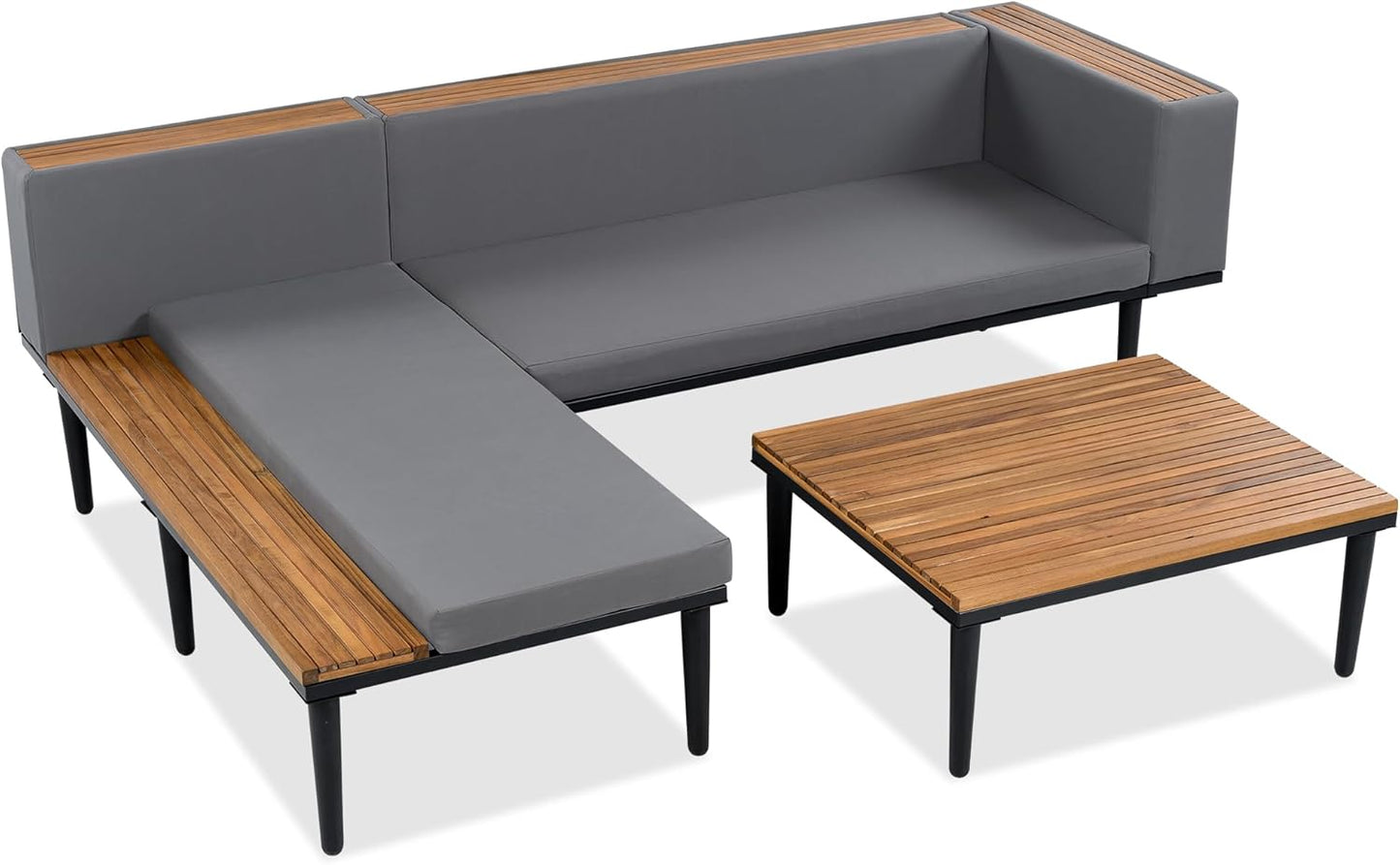 Acacia Wood Patio Furniture Set, Luxury Outdoor Conversation Sectional Sofa with Removable Cushions and Coffee Table, Side Table, L-Shaped Sofa Set for Backyard, Porch (Gray/17)