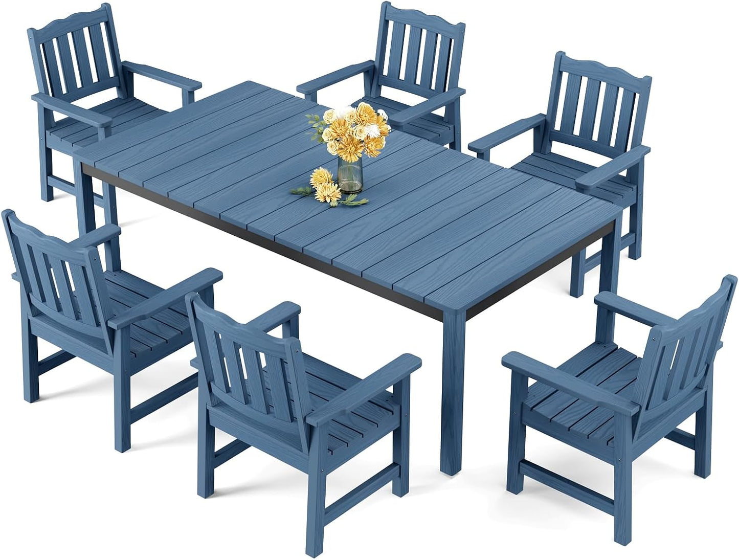 Stoog All-Weather Patio Dining Sets, 7 Pieces Waterproof Dining Table and Chairs Set, HIPS & Aluminum Dining Table with Umbrella Hole, Never Rot or Fade, for Garden, Backyard, Deck, Blue