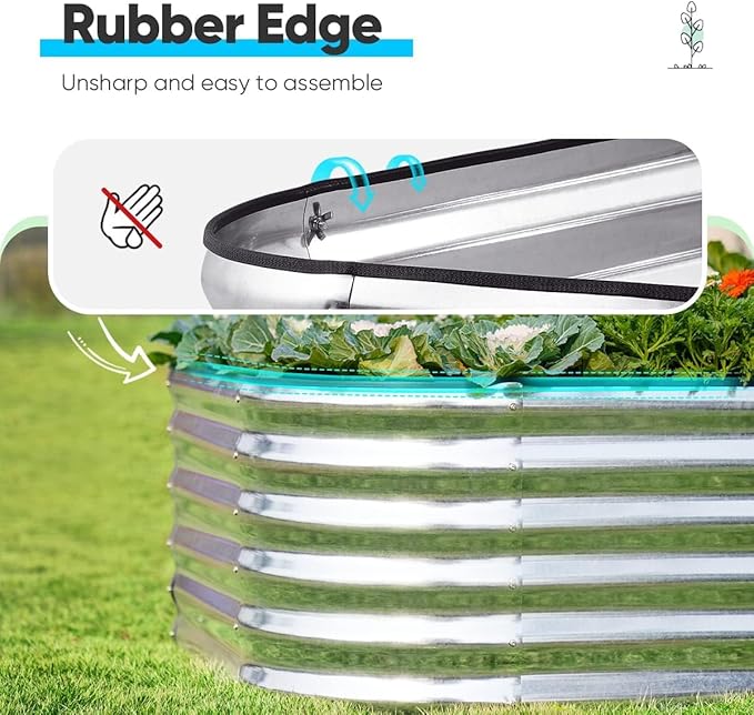 Quictent Raised Garden Bed Kit Oval Galvanized Metal Planter Box Tall for Vegetables Outdoor Backyard, Rubber Strip Edging Included, Silver 8x4x1.5 ft