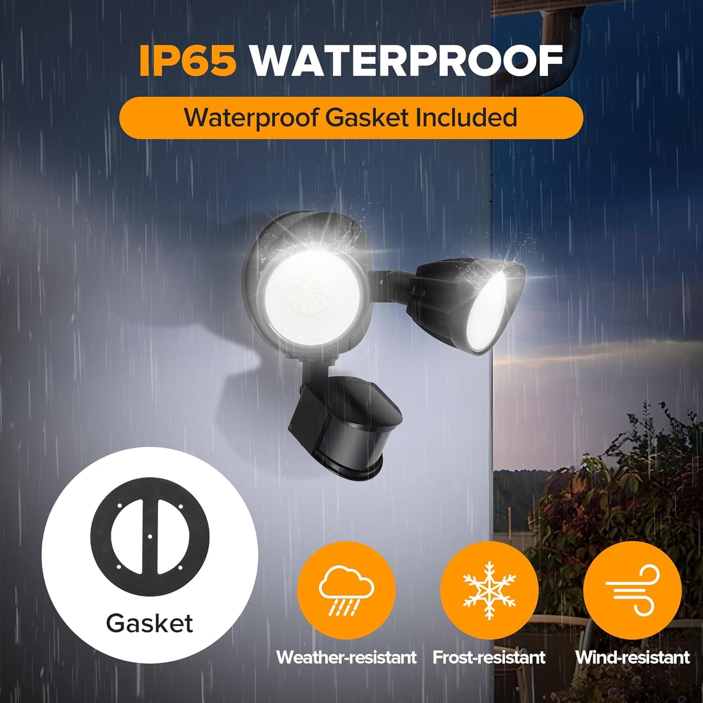 UME LED Security Light Motion Sensor Outdoor Lights, 27W 3000LM, 5000K, IP65 Waterproof, Dusk to Dawn, 2 Head Motion Detector Flood Light for Outside, Garage, Yard (Black)