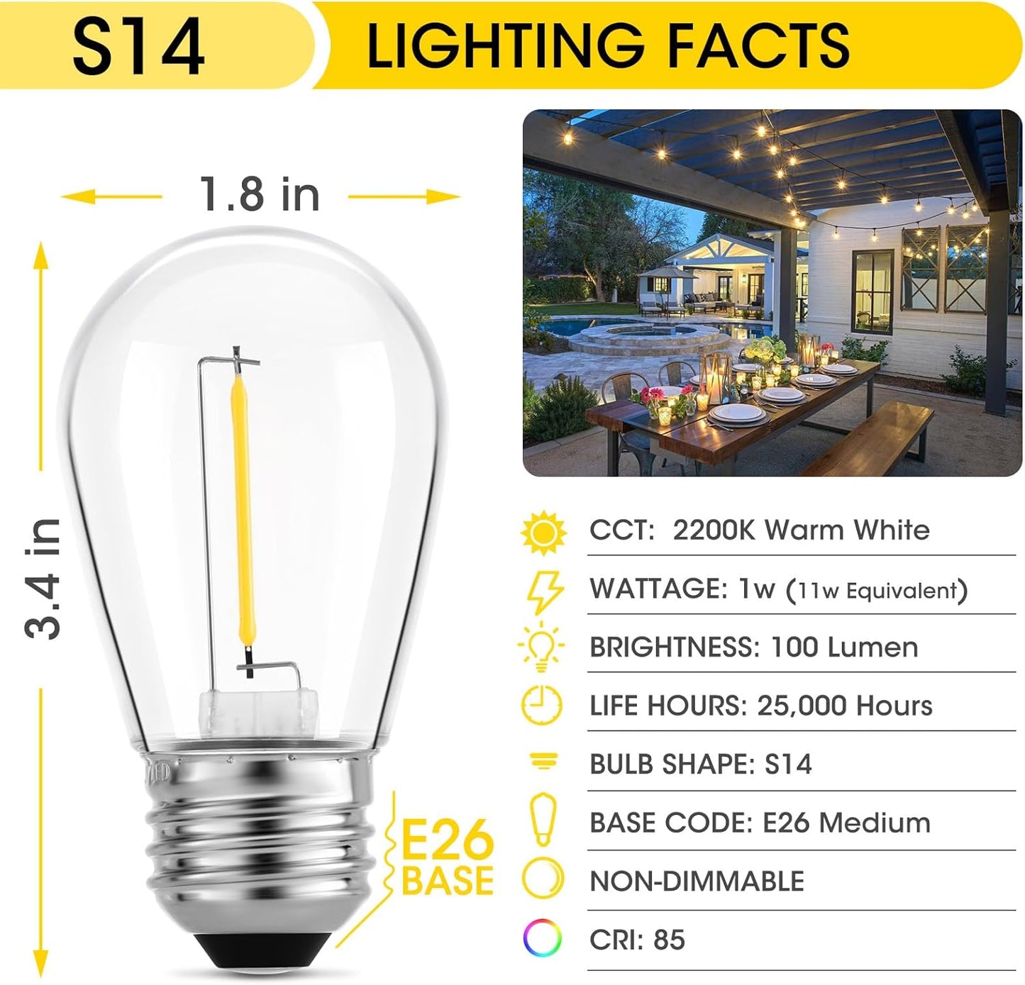 Meconard 24-Pack LED 1W String Light Bulbs, S14 Plastic Shatterproof Edison Vintage Style Replacement 1 Watt Outdoor Light Bulbs 2200K, Waterproof, Warm White Equivalent to 11w, E26 Base