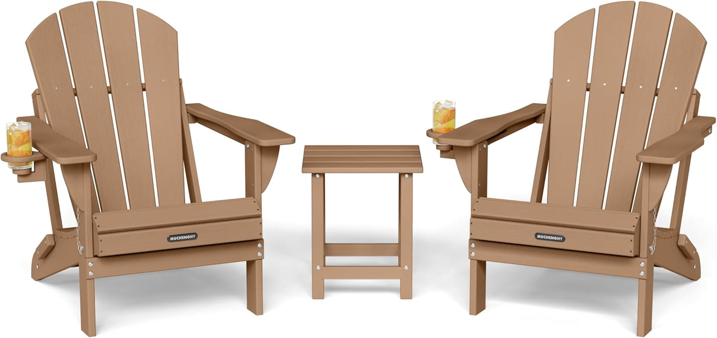 MUCHENGHY Folding Adirondack Chairs and Table Set, Outdoor Chair, Adirondack Chair Plastic, Fire Pit Chair, Weather Resistant with Cup Holder for Deck, Backyard, Garden(Teak, 3-Piece)