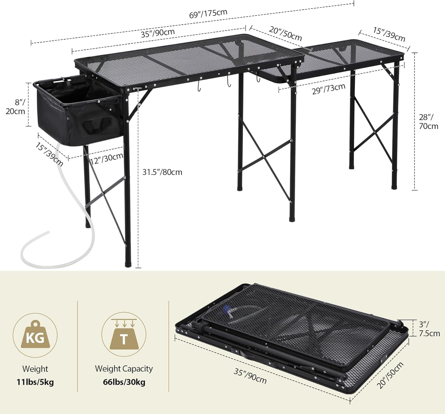 REDCAMP Portable Grill Table with Sink for Outside, Lightweight Aluminum Frame Folding Grill Stand Table with Adjustable Height for Camping Picnic Cooking BBQ, 36 x 20 x 31 in, Black