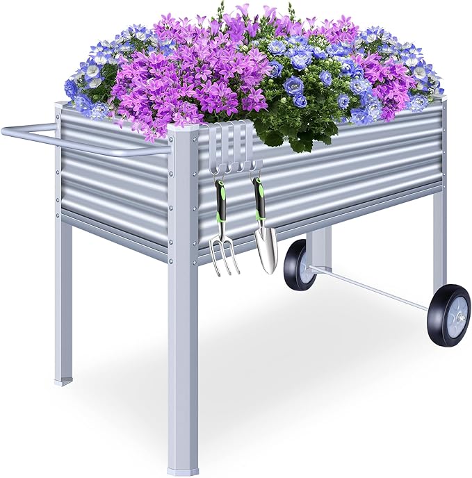 Galvanized Raised Garden Bed with Legs, Metal Raised Planter Box with Drainage Holes Outdoor Elevated Garden Bed on Wheels for Backyard, Patio, Balcony