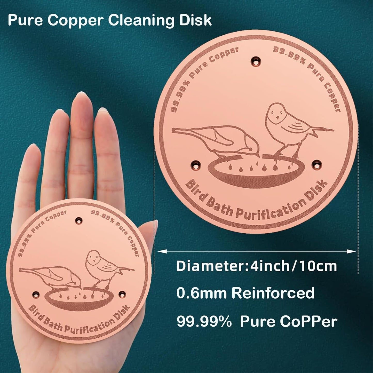 2-Pack 99.99% Pure Copper Bird Bath Purification Disk,Copper Disc with Stable Triple-Point Support,Fits All Outdoor Bird Baths(Heart-Shaped&Round)