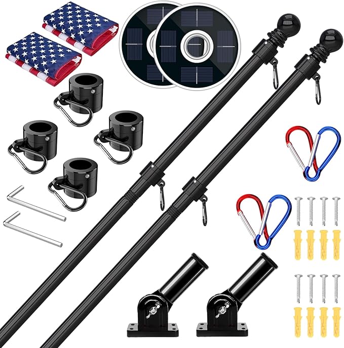 ZMTECH 2 Pack 5FT Flag Pole Kit with Solar Light and Proud American Flag, Adjustable Bracket and Upgraded Tangle-Free Ring 1" Stainless Steel Flagpole for Day and Night, Residential, Commercial, Black