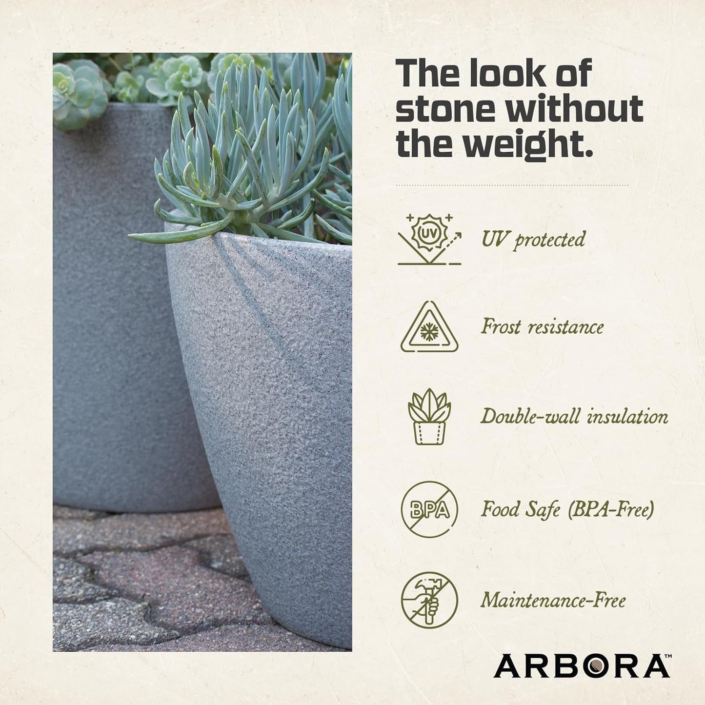 ARBORA 16" Mykonos Square Polyresin Indoor and Outdoor Planter with Stone Blend Concrete Finish - Durable, Weatherproof, Lightweight, Large Plant Pot for Patio, Garden, Deck, Entryway