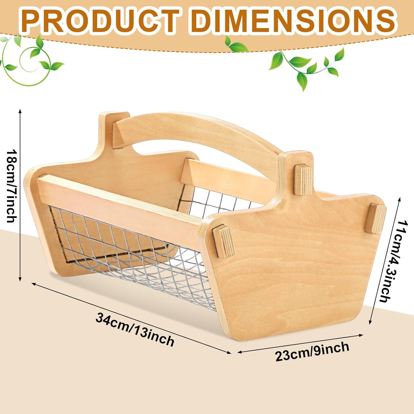 Large Garden Hod Harvest Basket 13 x 9 x 7 Inch, Wooden Harvesting Basket with Handle for Gardening Gathering Gardener Gifts for Wedding Flower Centerpiece Washing Holding Fruits Vegetables