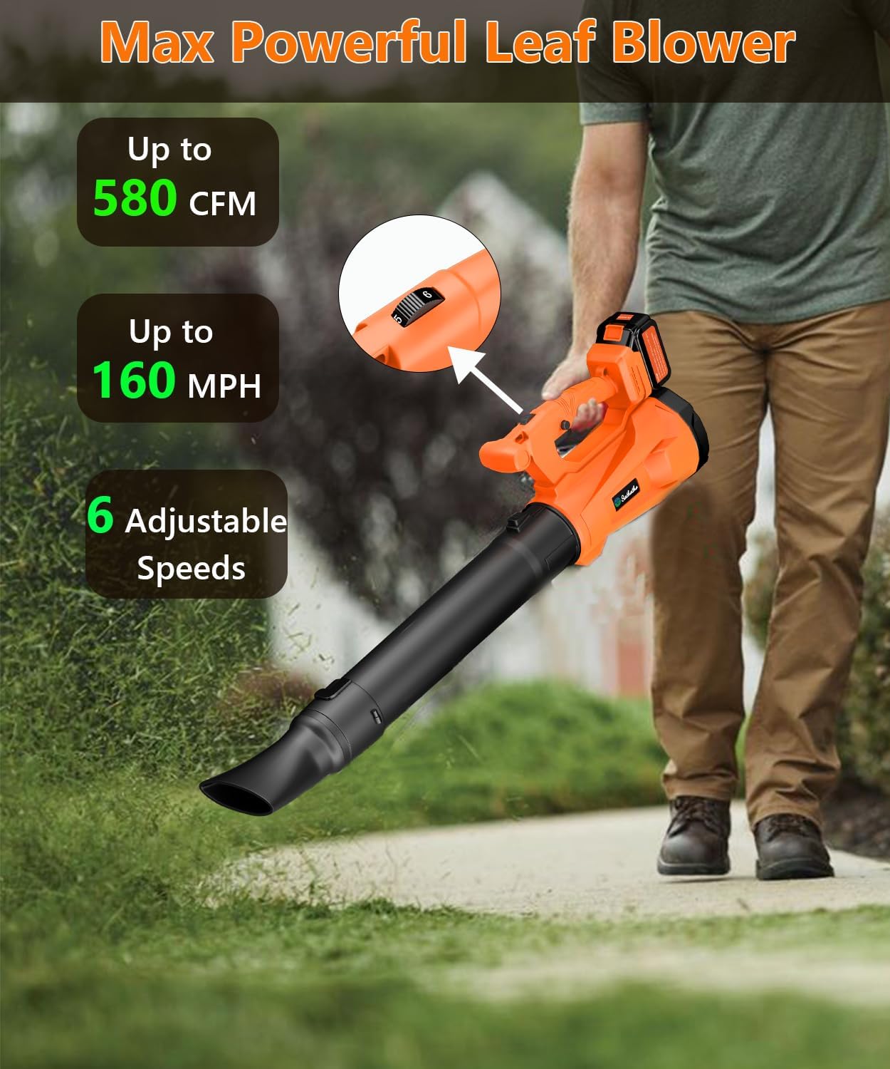 Leaf Blower Cordless with 2 3.0Ah Battery and Charger, 580CFM/160MPH Electric Leaf Blower with 6 Speed Modes, Cruise Control, Blowers for Lawn Care, Patios, Blowing Leaves and Dusts