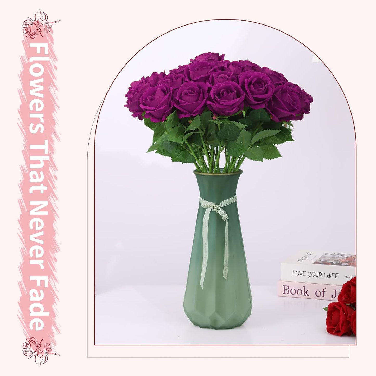 55 PCS Fake Roses Artificial Flowers Bulk, Purp Roses Bridal Bouquet Silk Faux Rose with Stems for Wedding Flowers Decoration, Valentine's Day, Bridal Bouquet, Anniversary,Home Decor (55PCS, Purple)