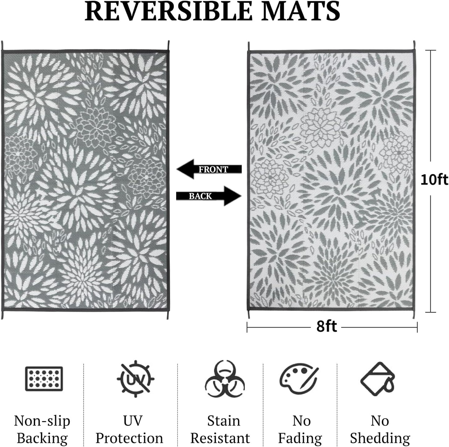 8'x10' Reversible Outdoor Rug - Eco-Friendly Plastic Straw Rug-Heavy-Duty Waterproof Mat, UV & Fade Resistant for Patio, Camping, RV, Deck, Balcony(8x10,Gray&Floral)