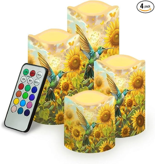 Ystardream Operated Candles with Flickering Flame Flameless Taper Candles Flickering Operated Electric Pillar Candle LED Candle for Indoor Outdoor Home Decor Hummingbird Sunflower