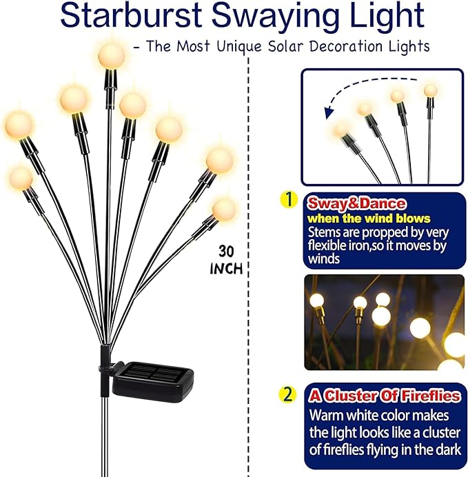 TONULAX Solar Garden Lights - Upgraded Solar Swaying Light, Sway by Wind, Outdoor Lights, Yard Patio Pathway Decoration, High Flexibility Iron Wire & Heavy Bulb Base, Warm White(6 Pack)