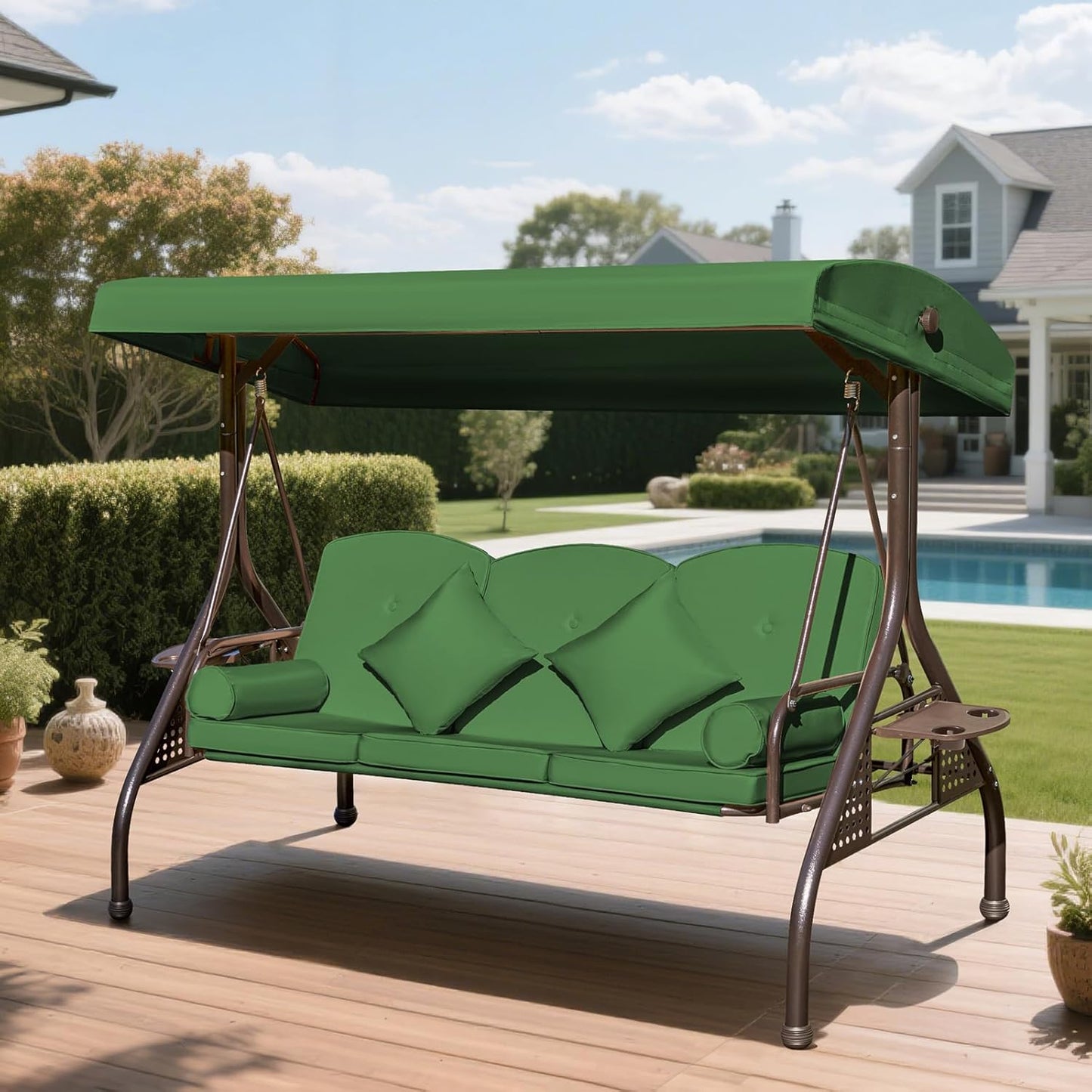 3-seat Patio Swing with Canopy,Convertible Outdoor Swing Bed with Thick Cushions, Pillows & Cup Holders, 3-Seat Outdoor Swings Chair for Backyard, Garden, Deck(Green)