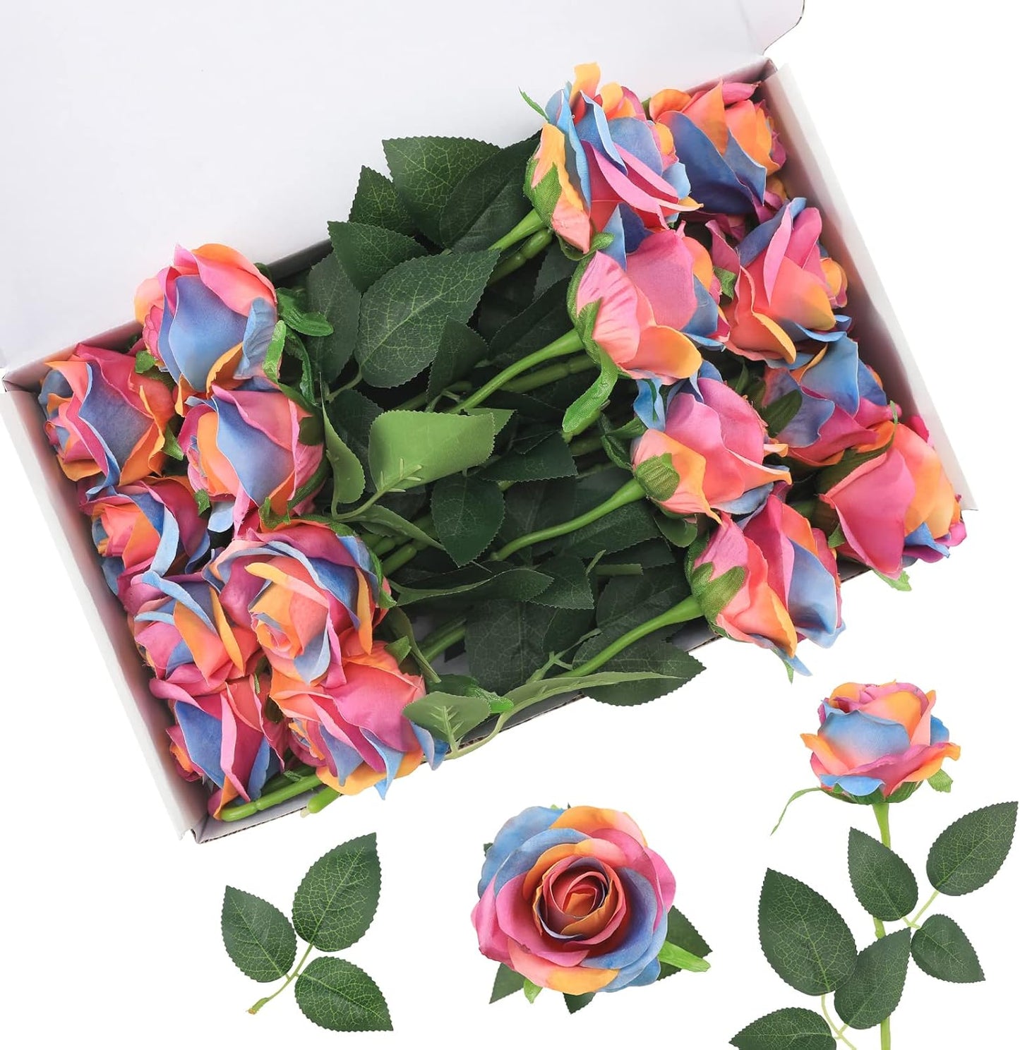 Rainbow Fake Roses Artificial Flowers - 16 Pcs Fake Artificial Roses Silk Flowers with Stems for Home Wedding Hotel Office Centerpiece Decor（Rainbow）