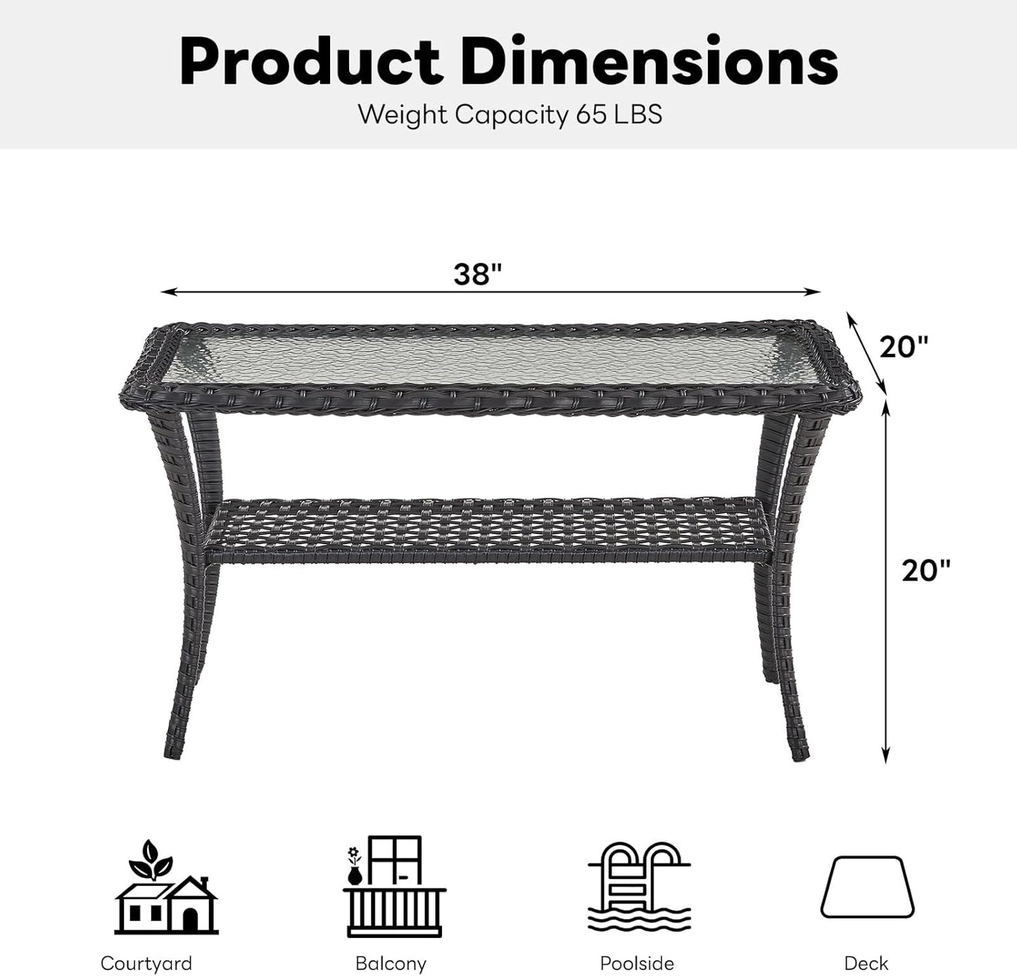38 Inch Outdoor Coffee Table with 2 Tier Storage - Wicker Coffee Table with Water Ripple Texture Tempered Glass Top, All Weather Patio Coffee Table for Deck Porch Balcony Garden Black