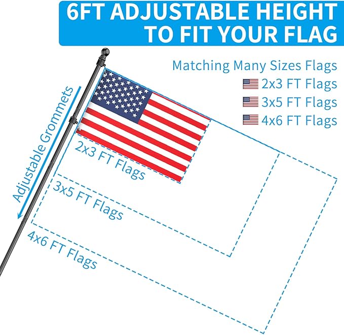 ZMTECH Flag Pole with Solar Light - Adjustable Bracket, 6 FT Stainless Steel Flag Poles for Outside House, Garden or Yard, Tangle Free Flagpole Kit for American Flag (Without Flag, Black)