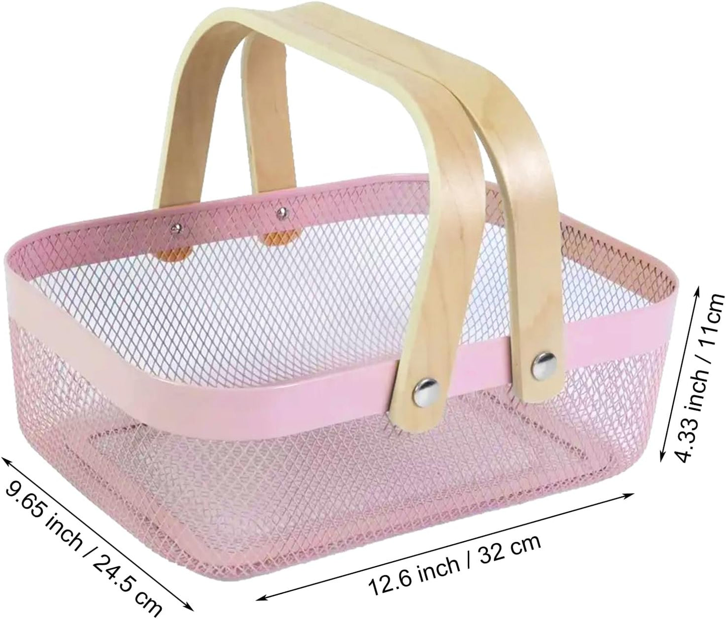 Metal Mesh Steel Basket, Storage Organizer Basket Garden Harvest Basket Multi-functional Kitchen Fruit Baskets Bin with Wooden Handle for Bathroom Picnic Shopping Decor Cabinet Home, Pink