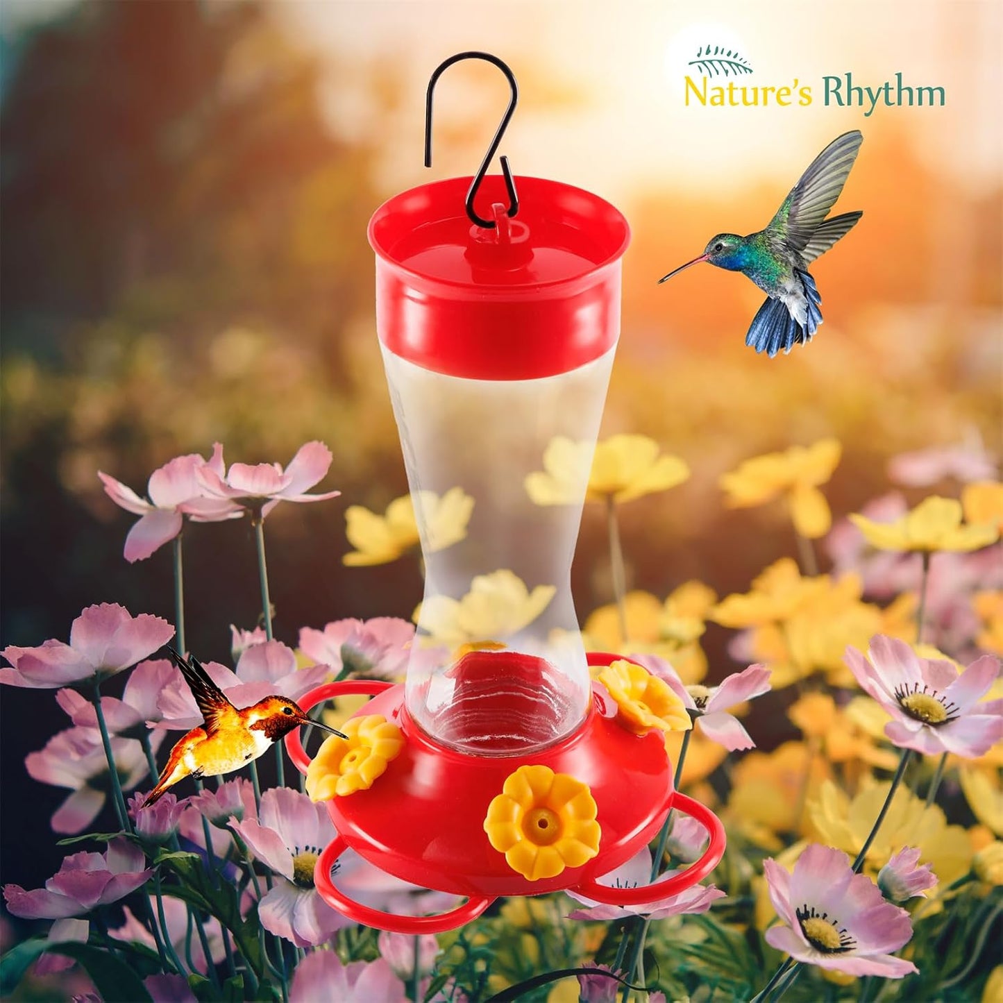 Nature's Rhythm Bird Feeder 4 bee Guard Plastic Yellow Flowers Feeding Port 8oz Glass Pinch Waist Hummingbird Feeder (1Pcs)