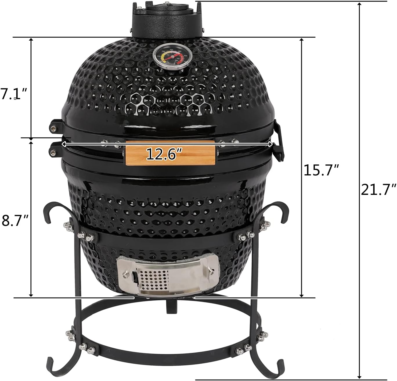 13" Round Ceramic Kamado Charcoal Grill - Heavy-Duty Black Outdoor BBQ Smoker with Heat Retention, Portable Egg Design for Grilling, Smoking, Baking & Roasting (Includes Ash Tool)