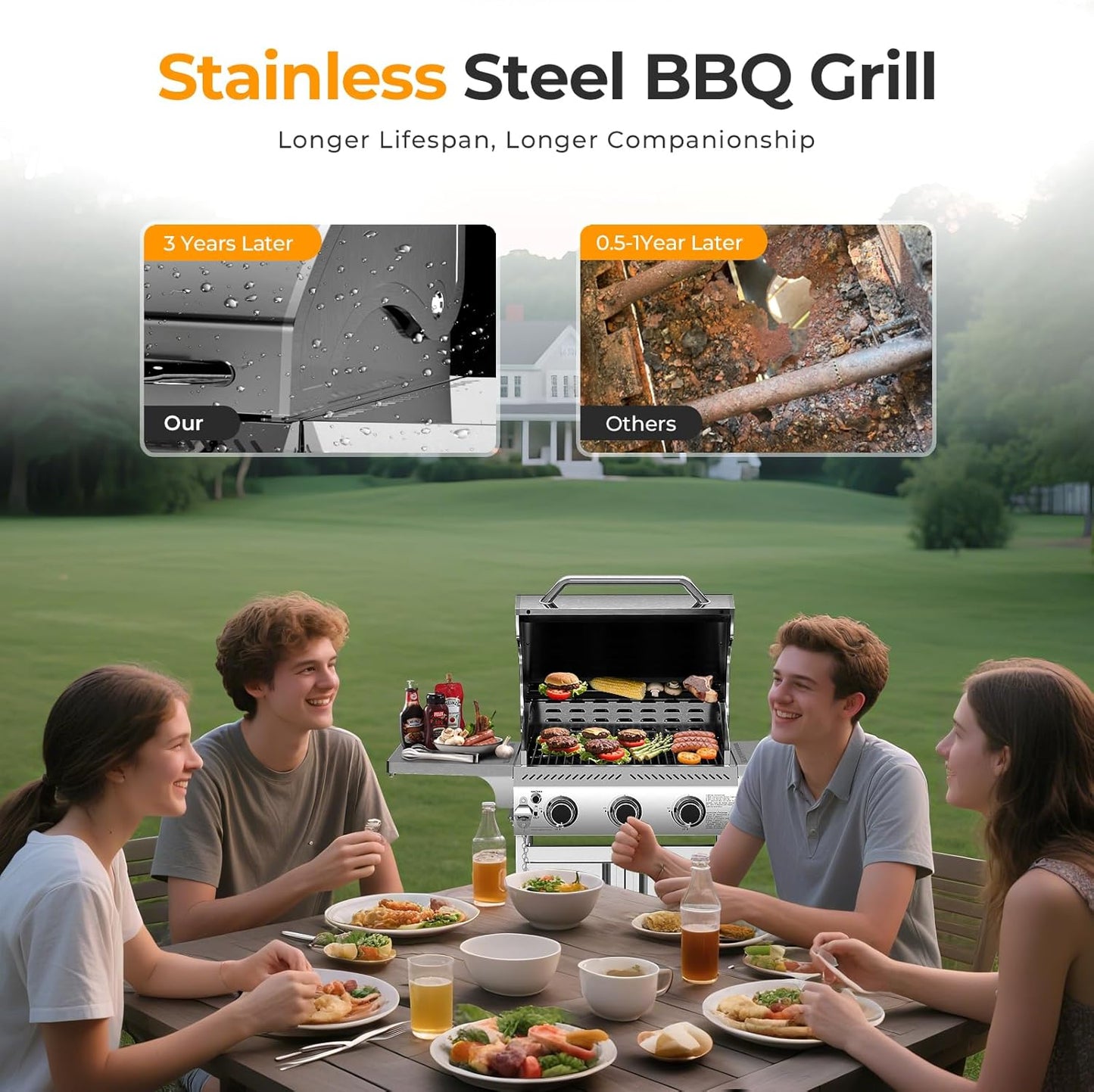 R.W.FLAME Stainless Steel Propane Gas Grill, 3 Burner 24000BTU BBQ Grills, Foldable Side Table, Enamel Wire Grate, Removable Grease Tray, Barbecue Grill for Outdoor Cooking, Backyard, Patio, Deck