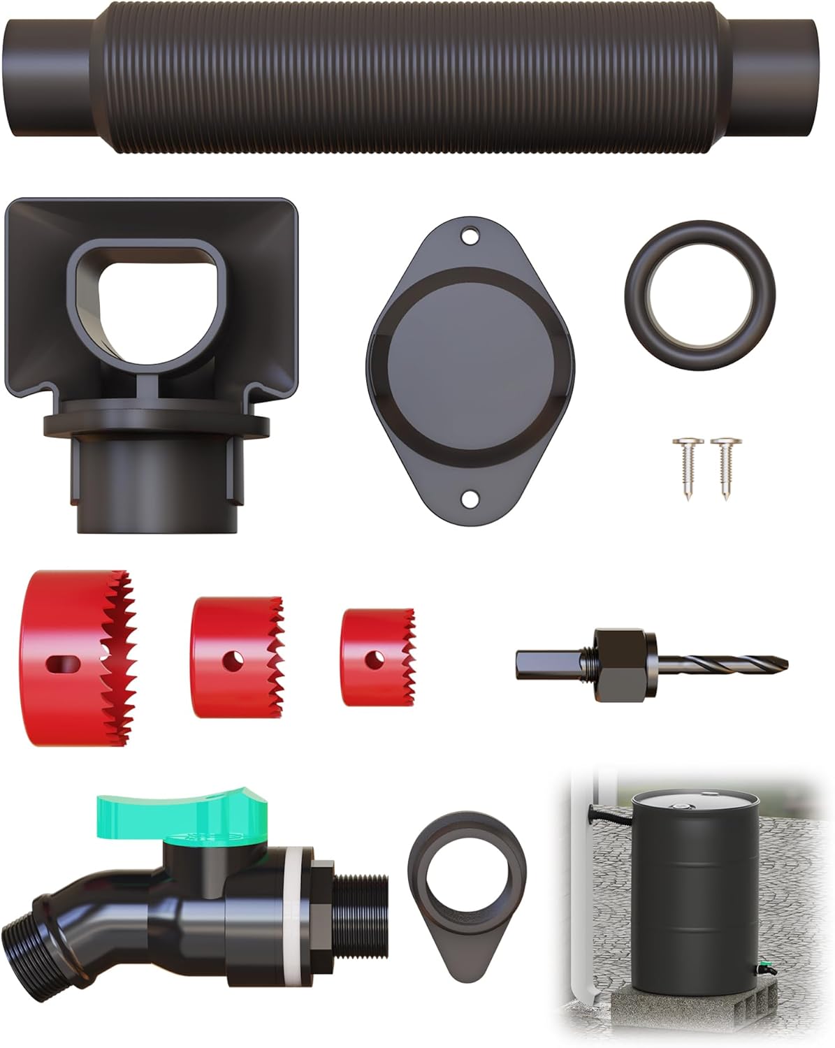 Rain Barrel Diverter Kit, Rain Barrel Downspout Spigot Diverter Kit for Rectangular Downspouts, Include Spigot and Diverter kit, Easily Turn Containers into Rain Barrels (with Hole Saw Set)
