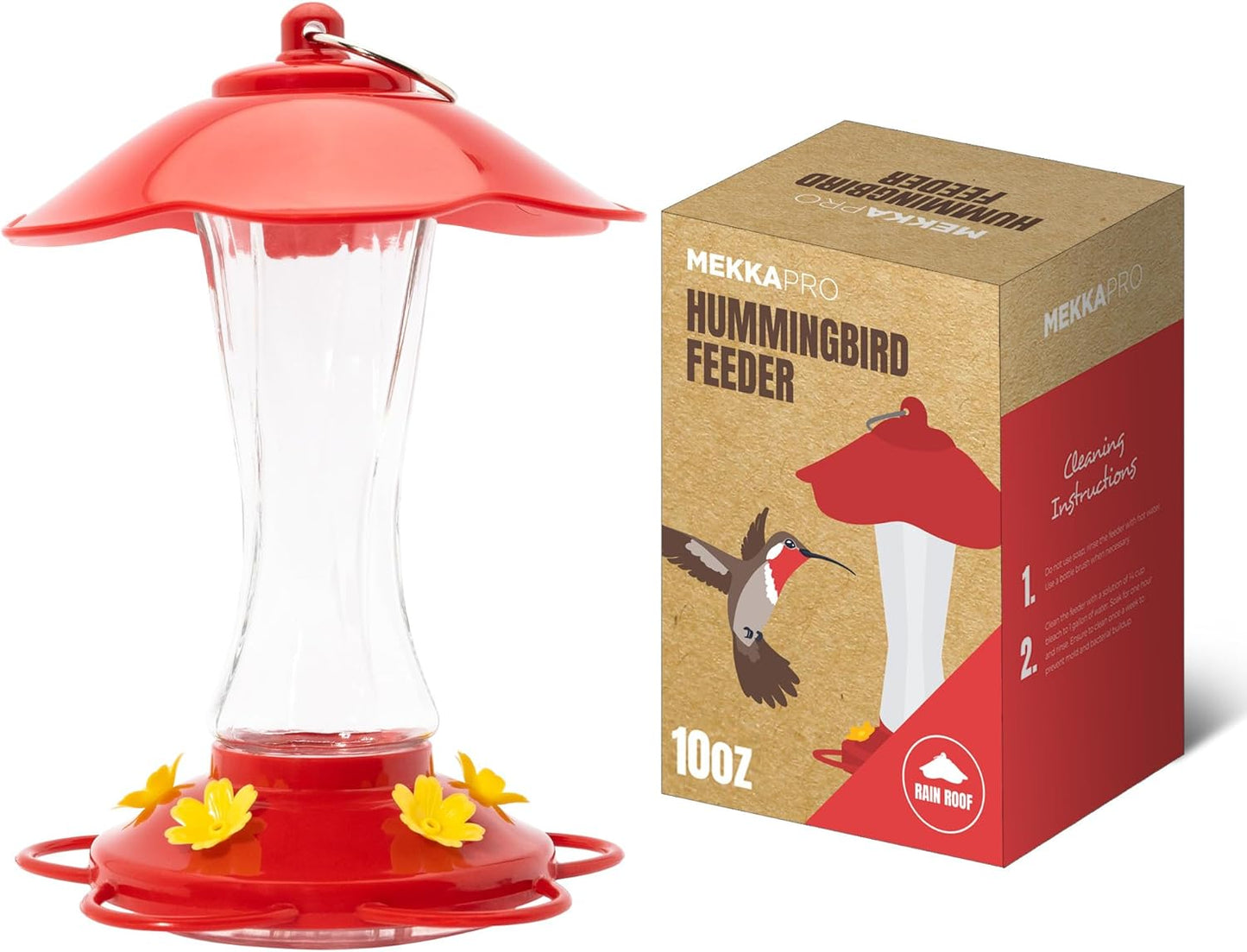 MEKKAPRO Hummingbird Feeders for Outdoors Glass - Red Hummingbird Feeders for Outdoors, Metal Ring, Bee-Proof Design, Easy Assembly, Red Hummingbird Feeder 10 oz