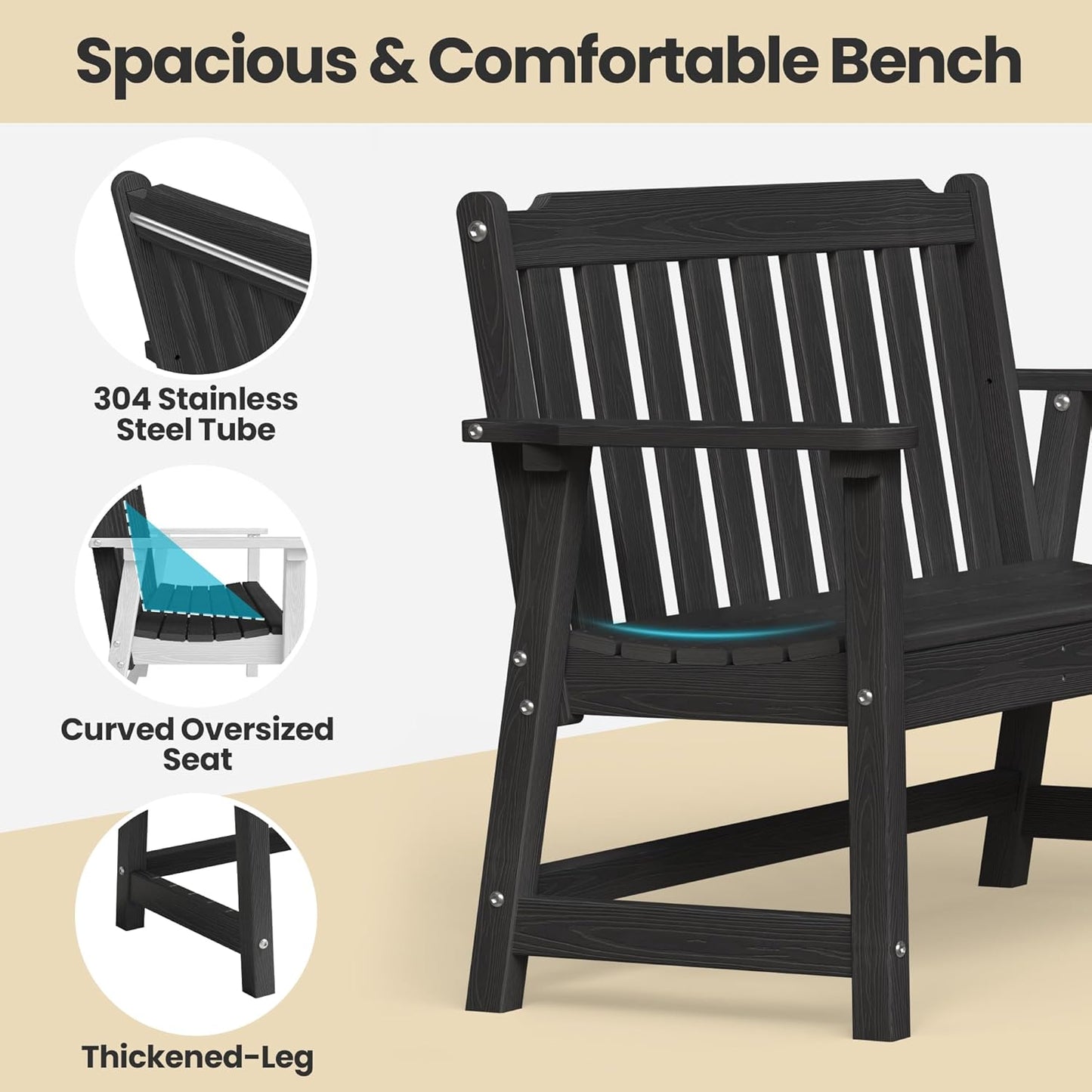 Ciokea 46" Heavy Duty Outdoor Bench, HDPE Weatherproof Garden Benches, Durable 2-Person Porch Benches with 660 Lbs, Waterproof Patio Bench for Outside Balcony Deck Backyard, Black