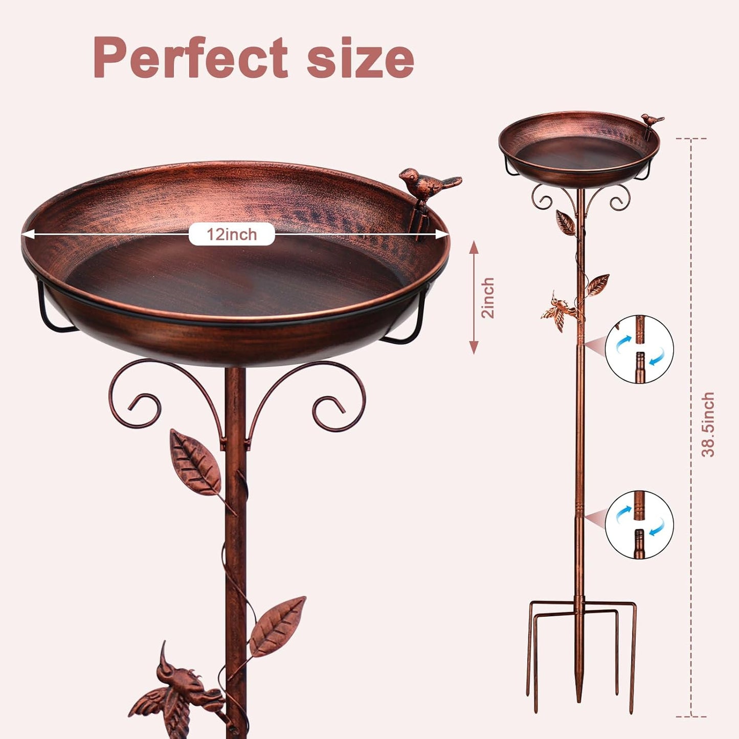 Metal Bird Bath for Outside with 2 Bird Decor, Hummingbird on Pole & Sparrow on Bowl, 38.5 Inch Height Garden Birdbath, 12 Inch Antique Bronze Freestanding Birdfeeder Bath for Yard Patio