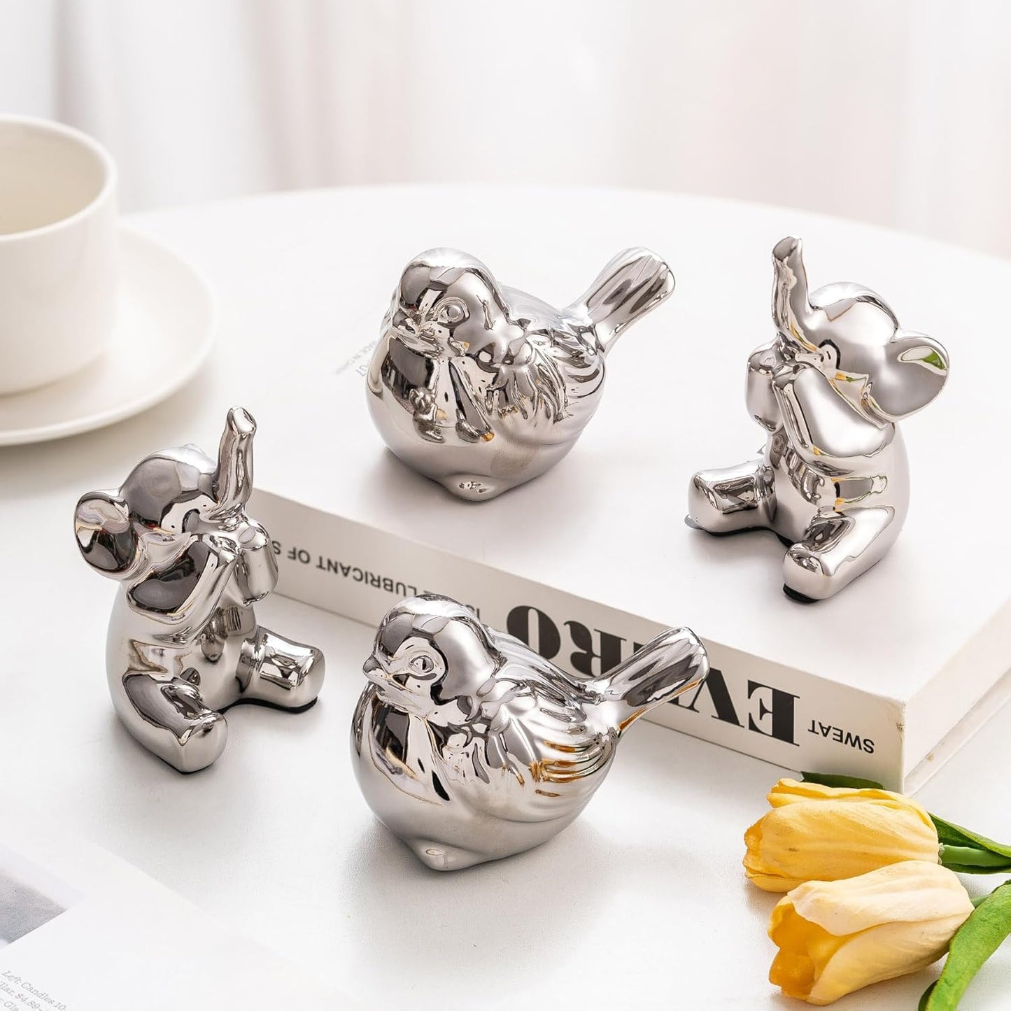 Set of 2 Small Birds Statues Silver Home Decor Modern Boho Style Figurine Decorative Ornaments for Living Room, Bedroom, Office Desktop, Cabinets, Shelf