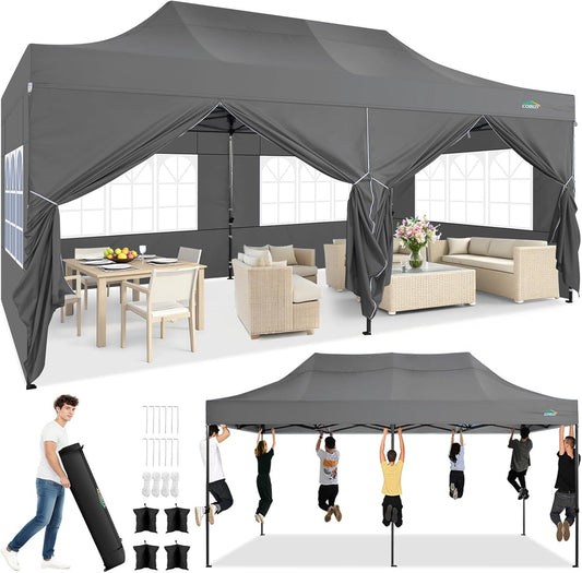 COBIZI 10x20 Pop up Canopy Tent Heavy Duty with 6 Sidewalls, Easy Set-up Commercial Outdoor Party Tent, 100% Waterproof Wedding Tent Gazebo, 3 Height Adjustable with Wheeled Bag,Gray