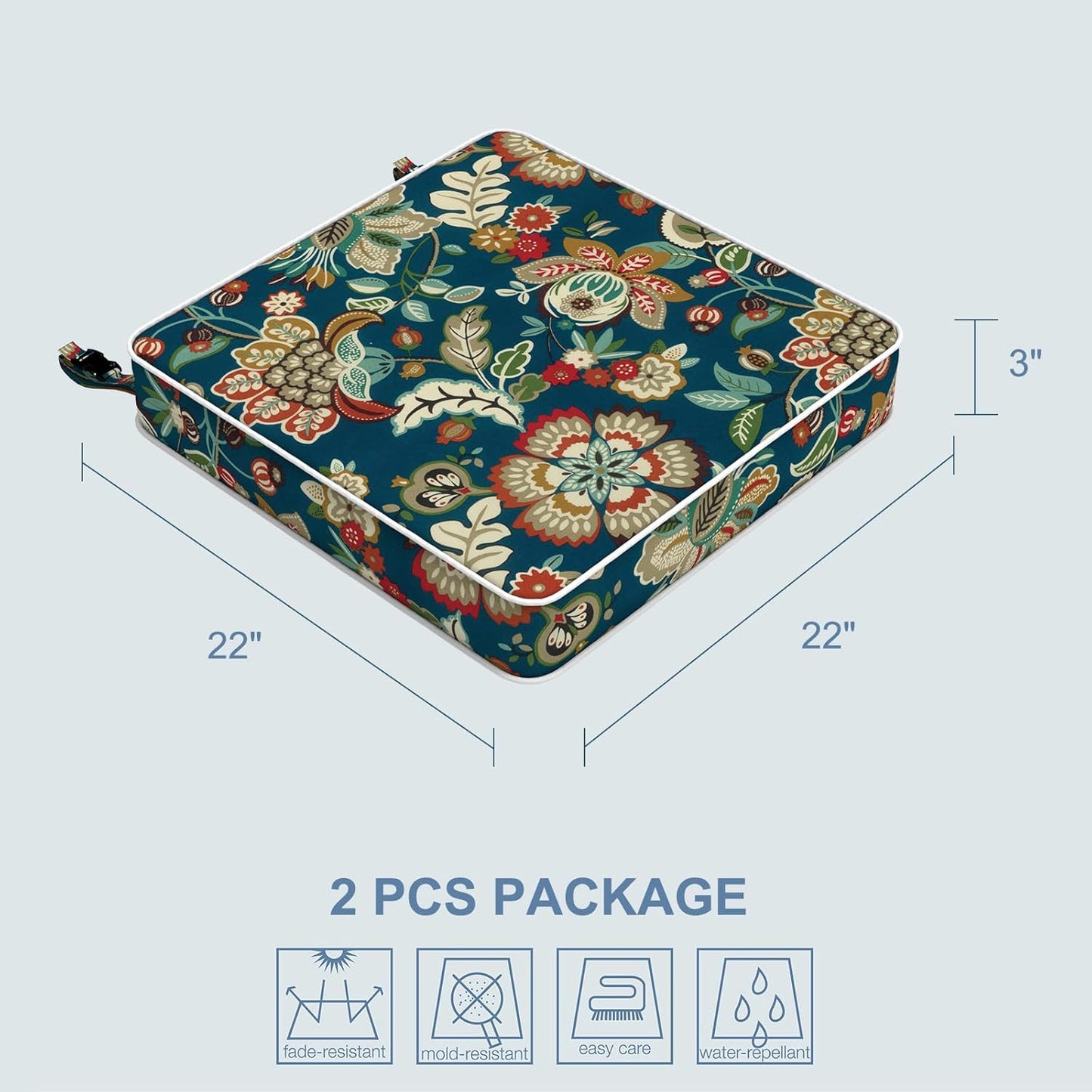 LVTXIII Patio Chair Cushions 22"x22"x3", Water-Repellent Outdoor Seat Cushions for Patio Furniture, Square Chair Pads with Ties for Home Garden Decoration, Set of 2, Peacock Blue