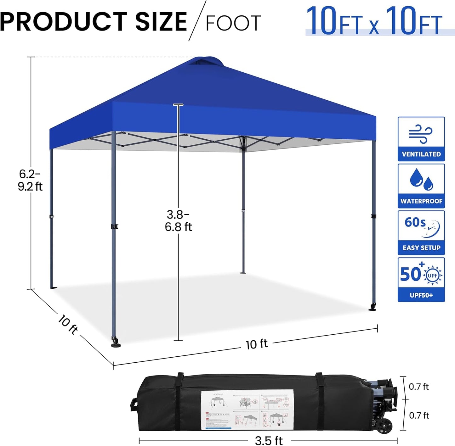 Yaheetech 10x10 Pop-up Canopy Tent w/ 2 Integrated Wheels for Mobility, Waterpoof & Heavy Duty, Instant Sun Shelter with Carry Bag, Weight Bags for Outdoor Camping Beach Patio Parties, Blue