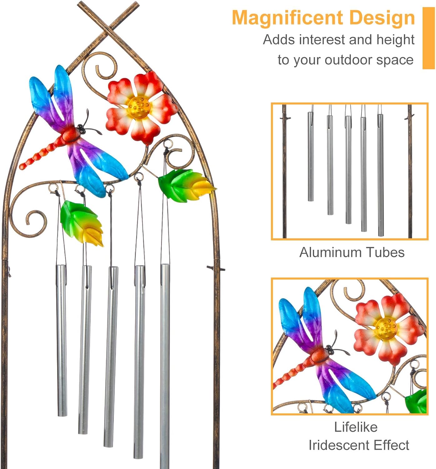 Garden Trellis with Plant Stands, 48” Metal Detachable Dragonfly Plant Pot Trellis with Wind Chimes for Climbing Plants Outdoor Lawn Patio Porches Decor