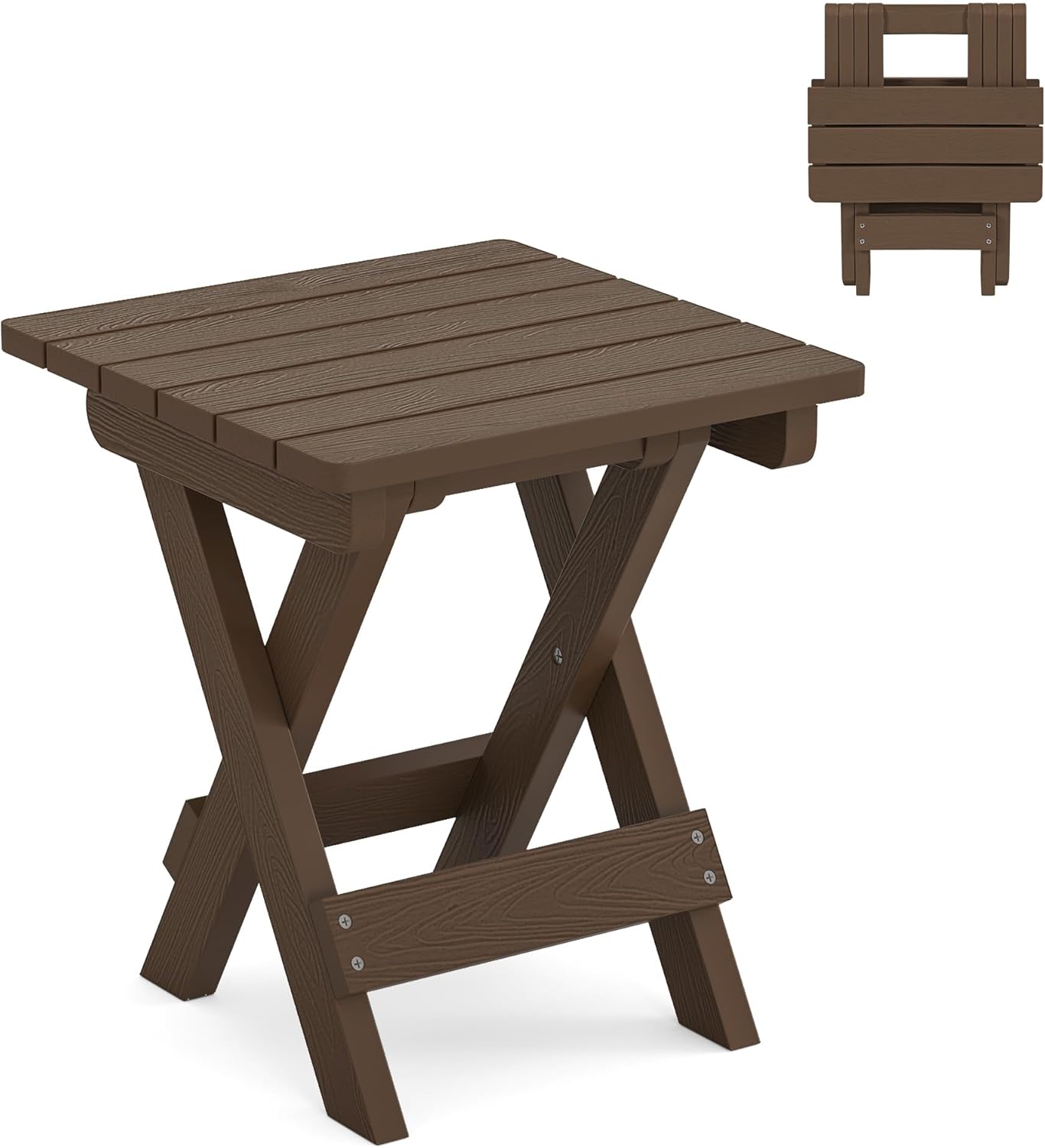 LUE BONA Small Outdoor Folding Side Table, HDPS Outside End Table for Patio, Porch, Deck, Pool, 14 Inch Height, Dark Brown