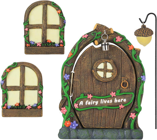 MEETYAMOR Miniature Fairy Garden Accessories, 4 PCS Opening Fairy Door and Windows with Light for Trees, Glow in The Dark Yard Art Outdoor Statues Fairy House Kit Garden Decor for Outside
