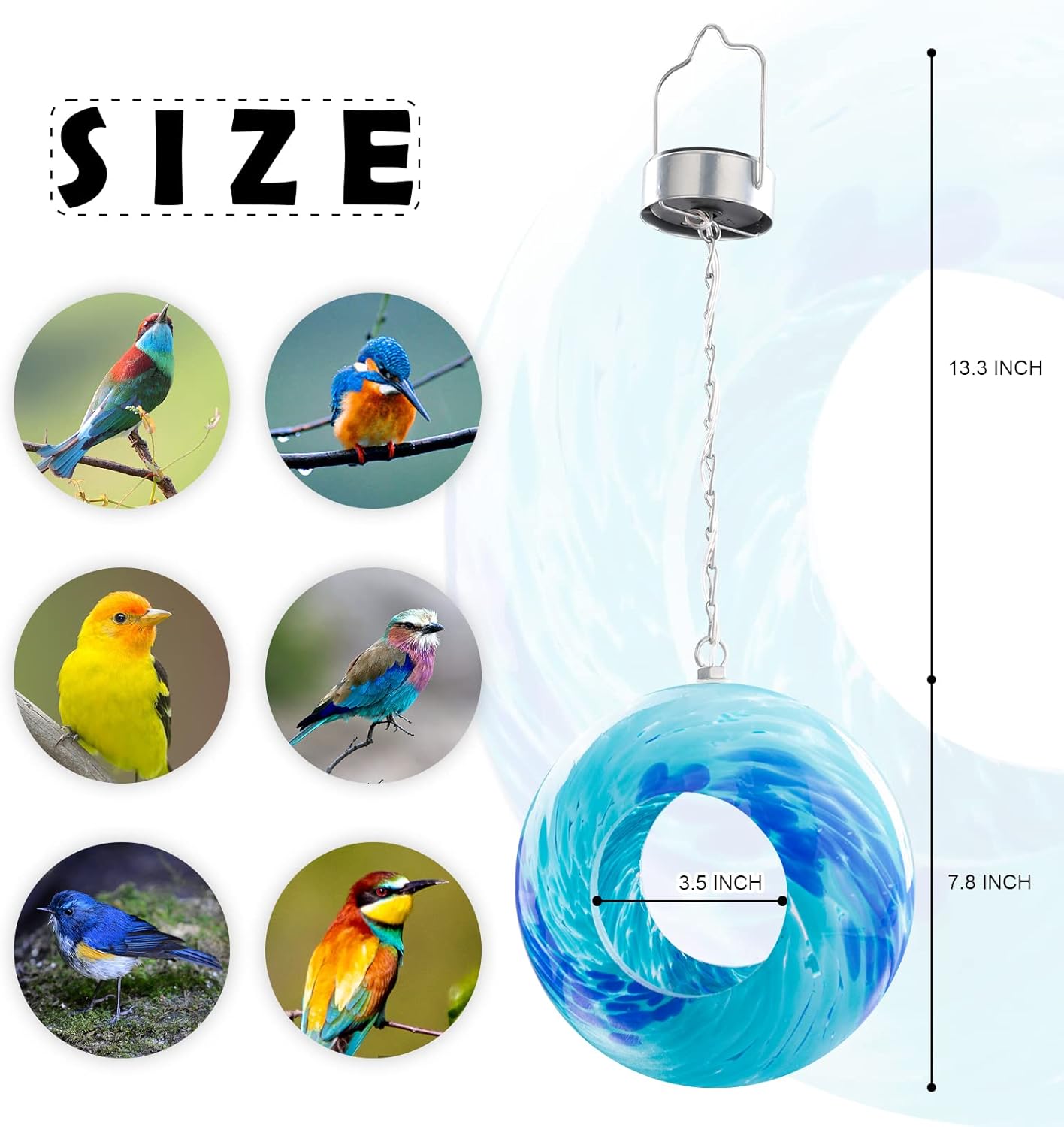 VCUTEKA Bird Feeder Solar Fly Through Birds Feeders for Outside Hanging with Round Shape Glass Container to Attract More Wild Birds for Garden Decor, Solar Birdfeeder as Gift for Bird Lovers, 8-Inch