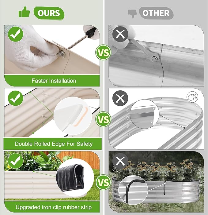 Galvanized Raised Garden Bed - 8x2x1.4FT Metal Planter Boxes Outdoor | Oval Steel Raised Bed Kit for Gardening with Protective Tape, Bracing Rods, Gloves for Vegetables, Flower, Herb (White)