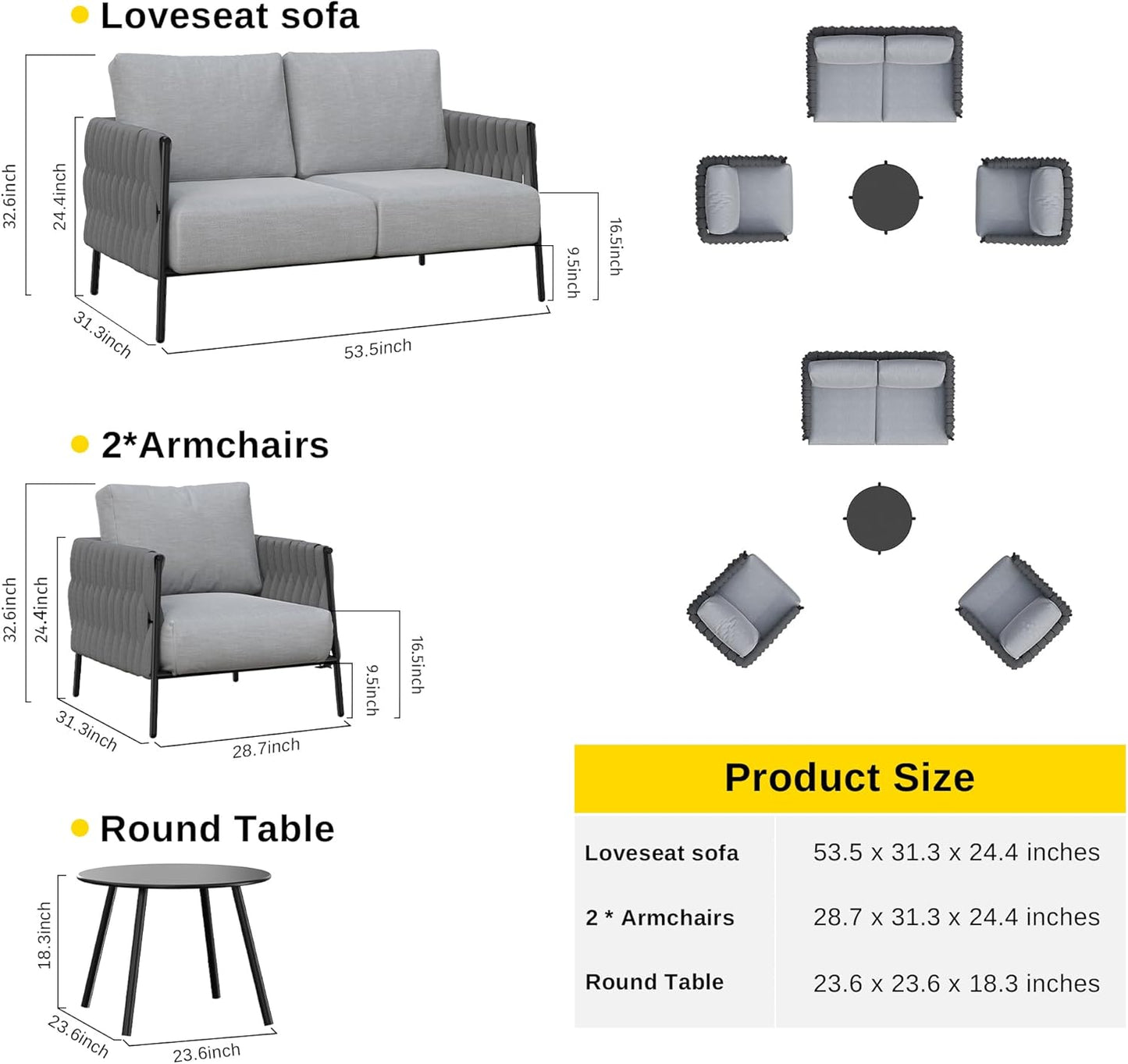 EAST OAK Life Chatter 4 Pieces Patio Furniture Set, Outdoor Furniture with Coffee Table, Patio Conversation Set Deep Seating with Thick Cushion, Backyard Porch Balcony, Earth Black & Misty Grey