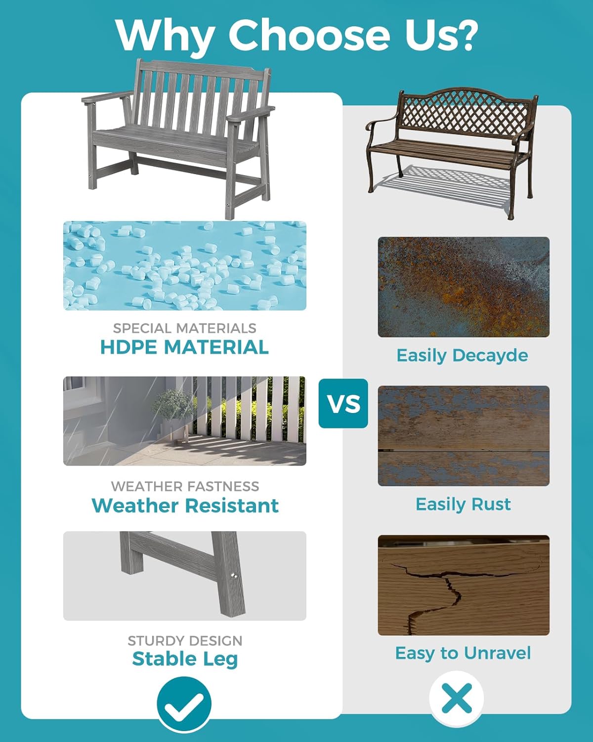 Outdoor Bench, 2-Person HDPE Garden Bench, All Weather Poly Patio Bench for Outdoors, Garden, Backyard, Porch and Park, 660 lbs Weight Capacity, Grey, 2 Pack