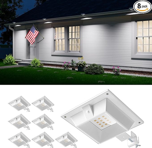 8 Pack White Solar Powered Gutter Lights Outdoor Decorative Waterproof 12 LEDs Yard Lamp for Lighting Fence, Railing, Outside Wall, Deck, Garden, Path, Backyard, Walkway, Patio, Holeless Installation