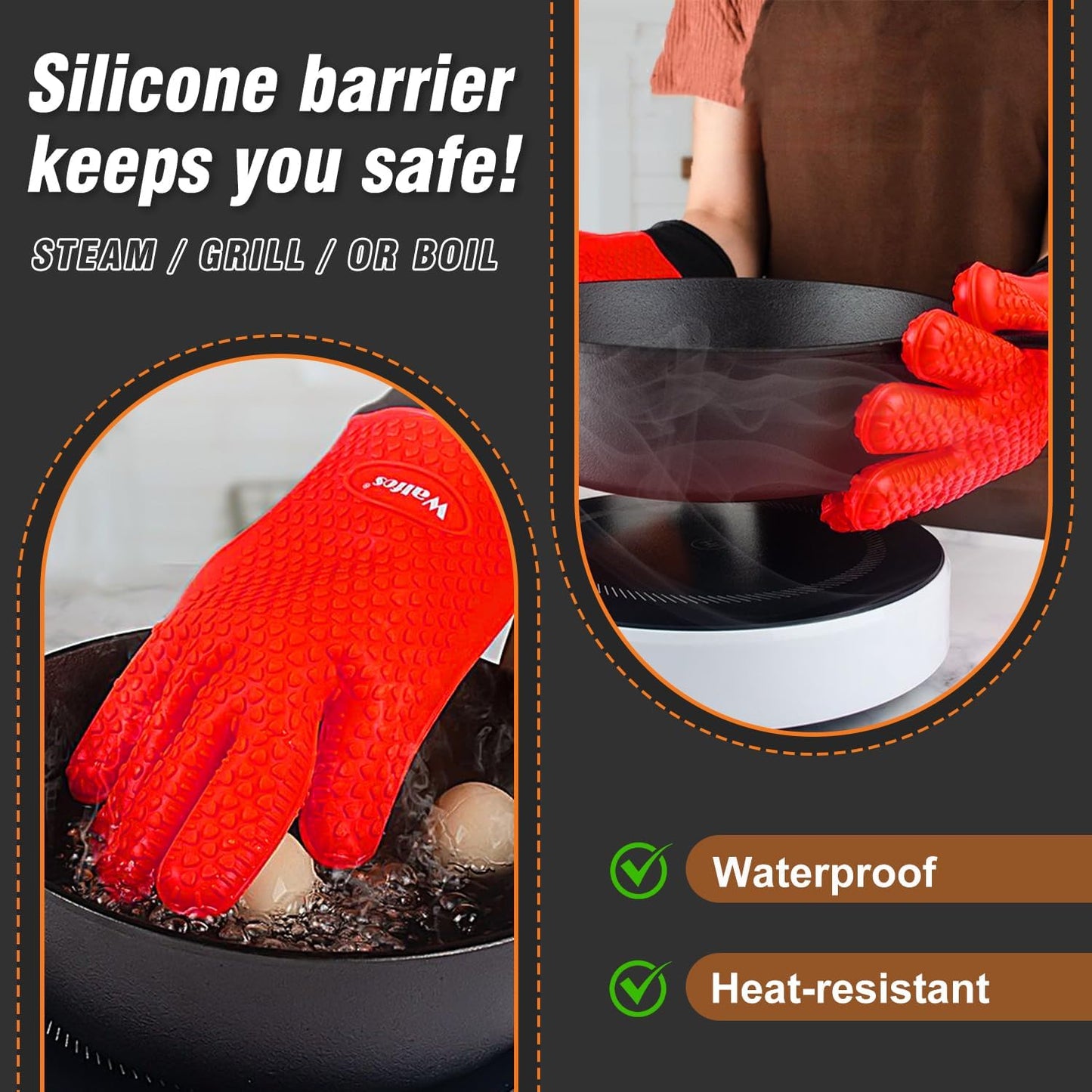 Walfos Silicone BBQ Gloves - Heat Resistant Grilling Gloves, Premium Non-Slip Kitchen Silicone Oven Mitt with Protective Cotton Layer Inside, Waterproof, Great for Grilling, Kitchen and Cooking, Red