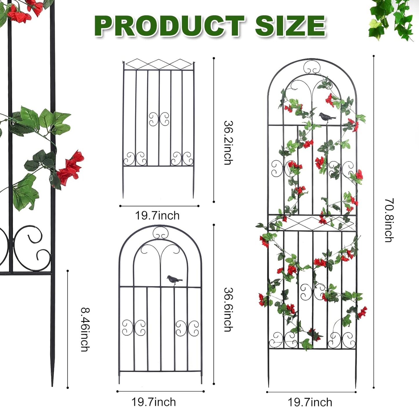 2 Pack 70.8" H x 19.7" W Metal Garden Trellis with Black Coating, Wire Lattice Grid Panel for Climbing Plants Outdoor Roses Vine Cucumbers Vegetables Flower Support