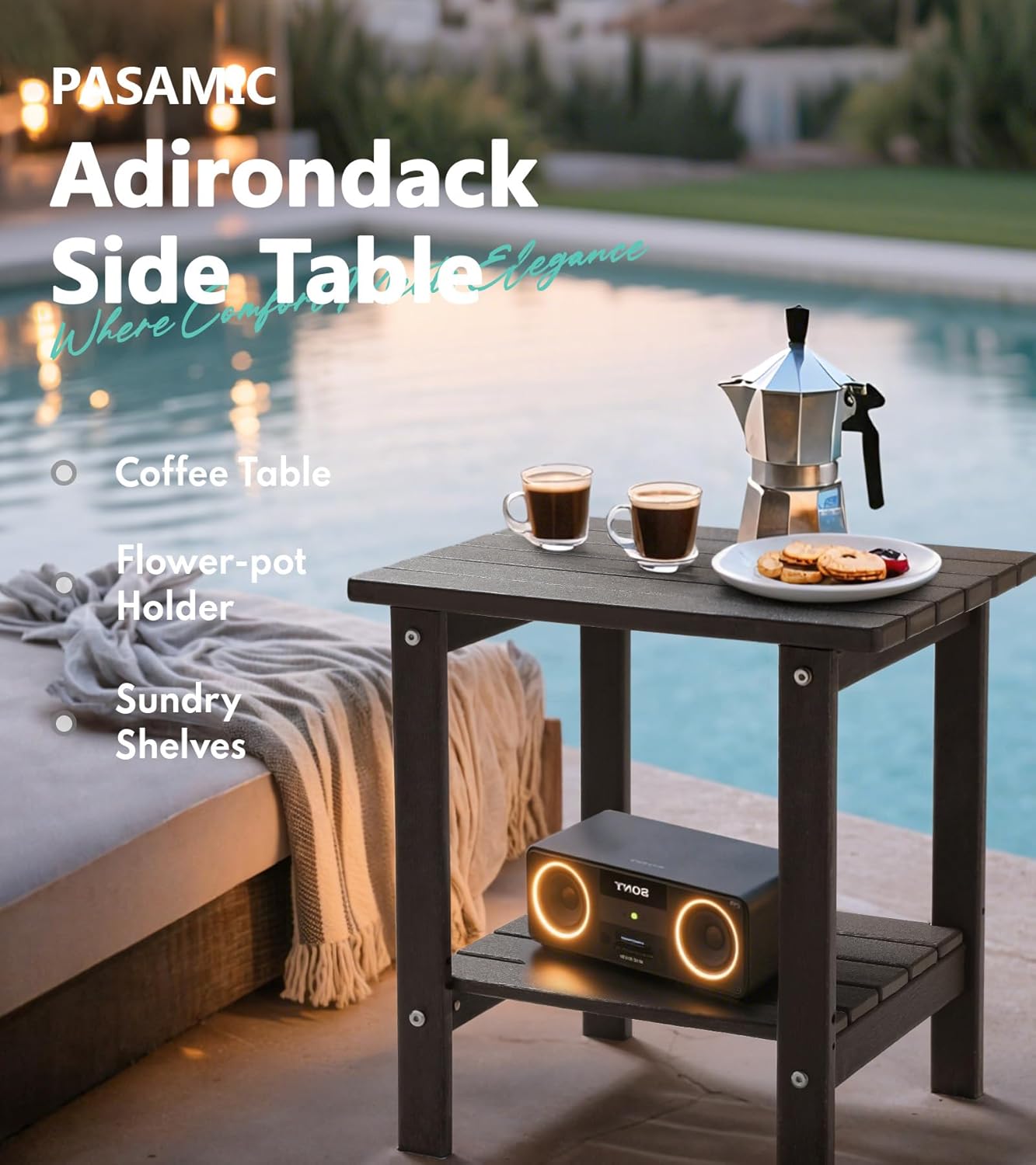 PASAMIC 2-Tier Adirondack Square Side Table, 17" HDPE Outdoor Side Tables, Weather Resistant End Table for Patio, Backyard, Pool, Indoor Companion, Beach, Easy Maintenance (Brown)