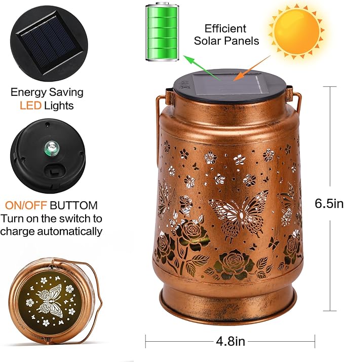 Butterfly Solar Lanterns Outdoor Waterproof Rose Garden Decor Gifts for Women Mom Grandma Hanging Solar Lights Metal Solar Decoration Outside for Yard, Patio, Backyard, Porch